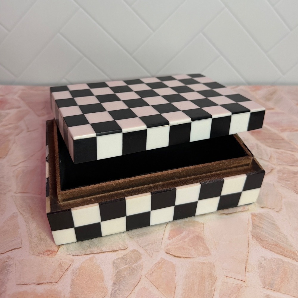 Checkered Checkerboard Decorative Box Black White Wood Jewelry Keepsake 6x4